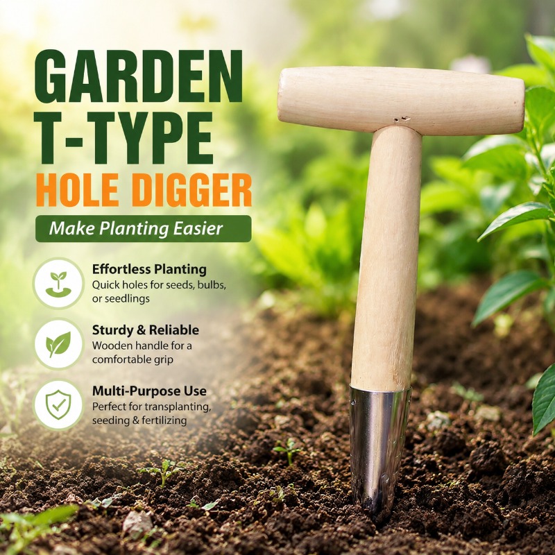 Vegetable Transplanter - T Shape Wooden Handle Garden Dibbler